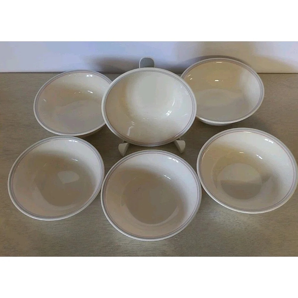 Set 6 Corelle English Breakfast Fruit Cereal Bowls 6.25” Cream  Pink & Blue Rim